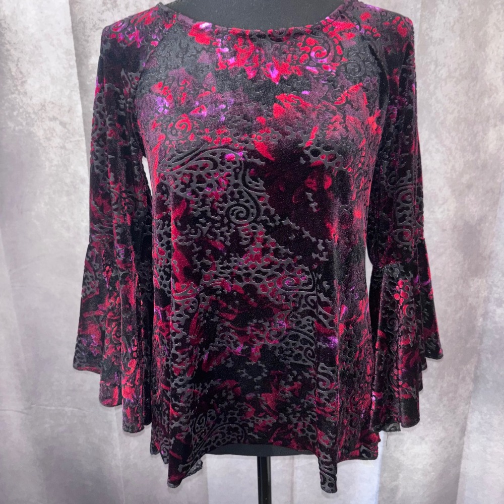 NWT Cupio Black Red Pink Velvet Gothic Bell Long Sleeve Top Women Small